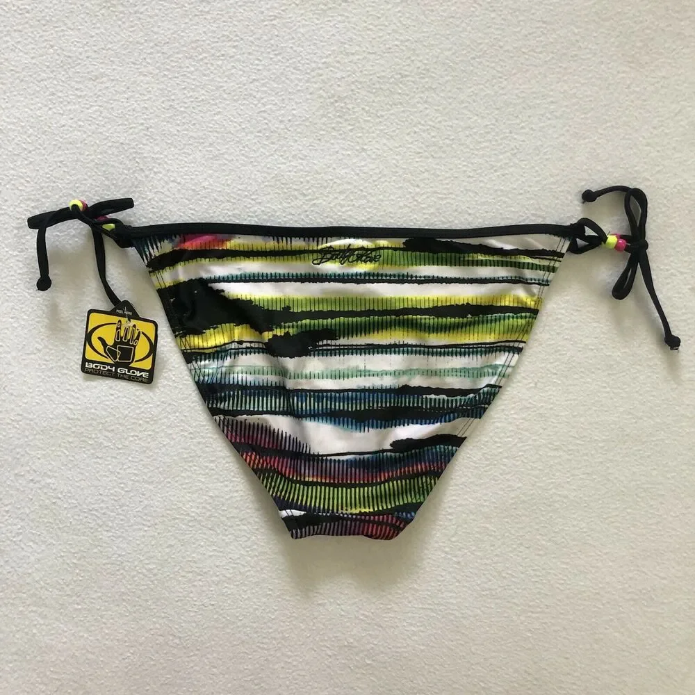 NWT Body Glove Black Multicolor Stripe Tie Side Swim Bikini Bottom 3917434 XL